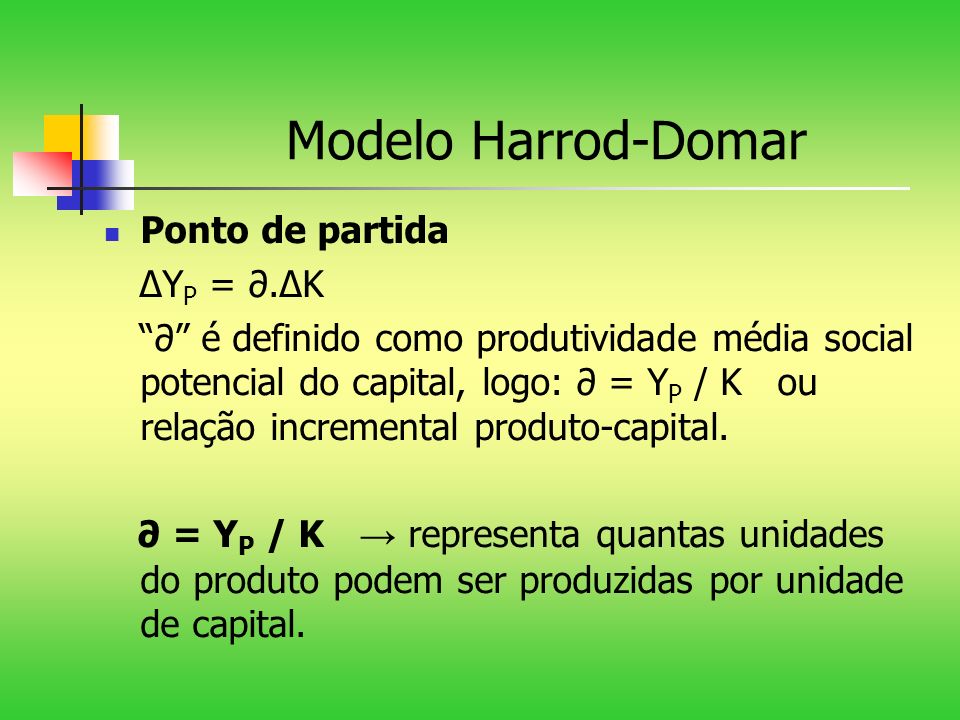 Modelo Harrod-Domar Ponto de partida ∆YP = ∂.∆K