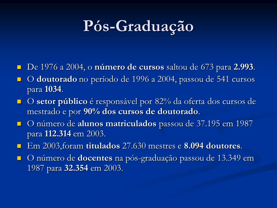 Pós-Graduação De 1976 a 2004, o número de cursos saltou de 673 para O doutorado no período de 1996 a 2004, passou de 541 cursos para