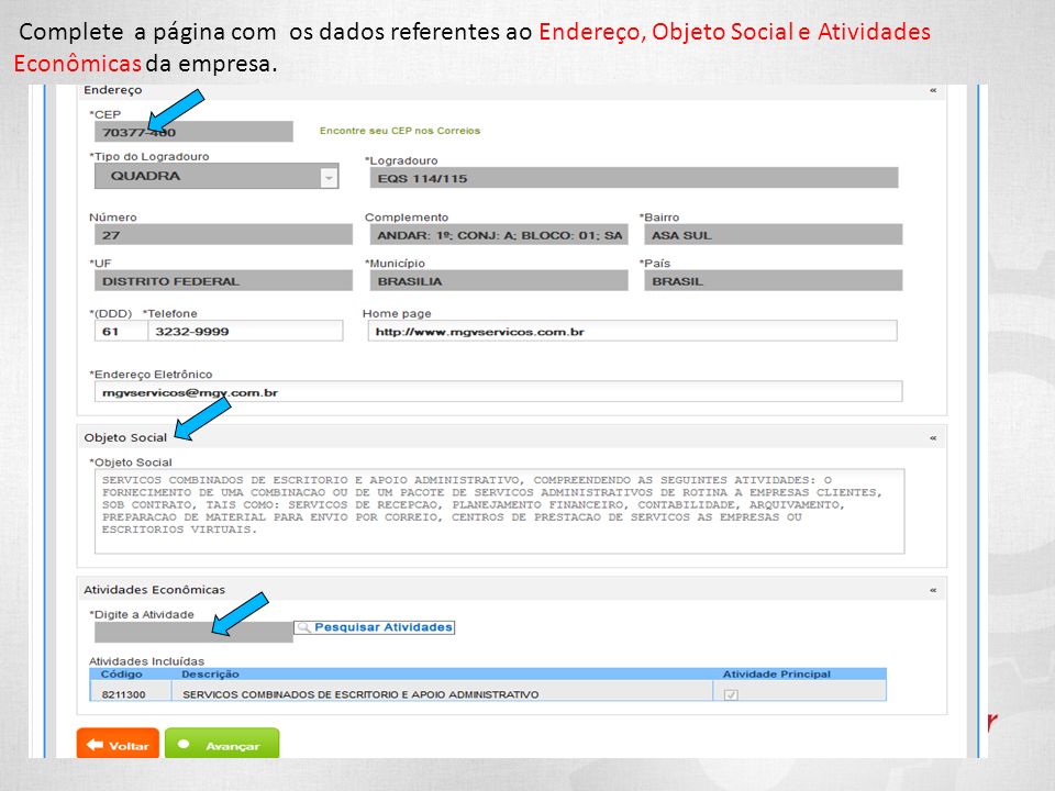Complete a página com os dados referentes ao Endereço, Objeto Social e Atividades Econômicas da empresa.