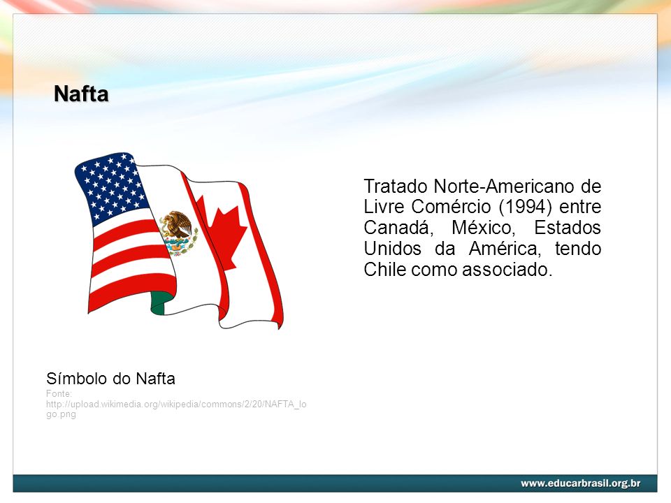 Nafta Tratado Norte-Americano de Livre Comércio (1994) entre Canadá, México, Estados Unidos da América, tendo Chile como associado.