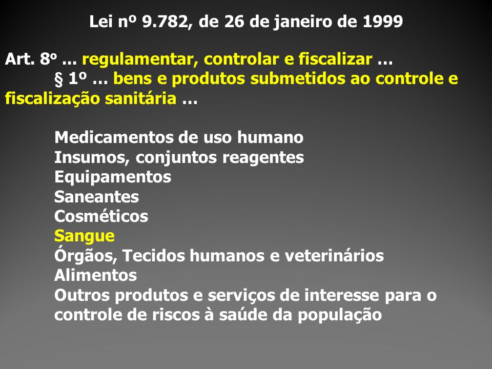 Lei nº 9.782, de 26 de janeiro de 1999 Art. 8o ... regulamentar, controlar e fiscalizar …