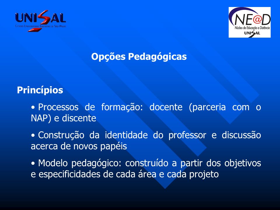 Opções Pedagógicas Princípios. Processos de formação: docente (parceria com o NAP) e discente.