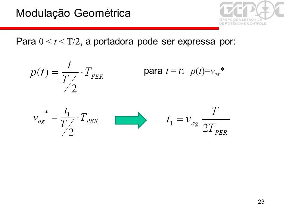 Modulação Geométrica Para 0 < t < T/2, a portadora pode ser expressa por: para t = t1 p(t)=vag*