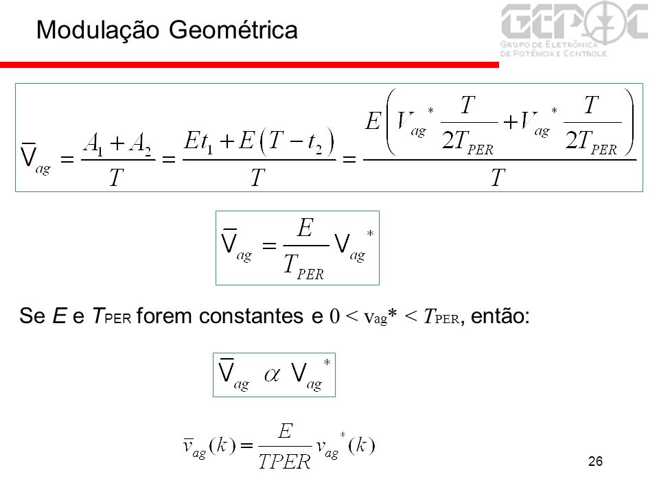 Modulação Geométrica Se E e TPER forem constantes e 0 < vag* < TPER, então: