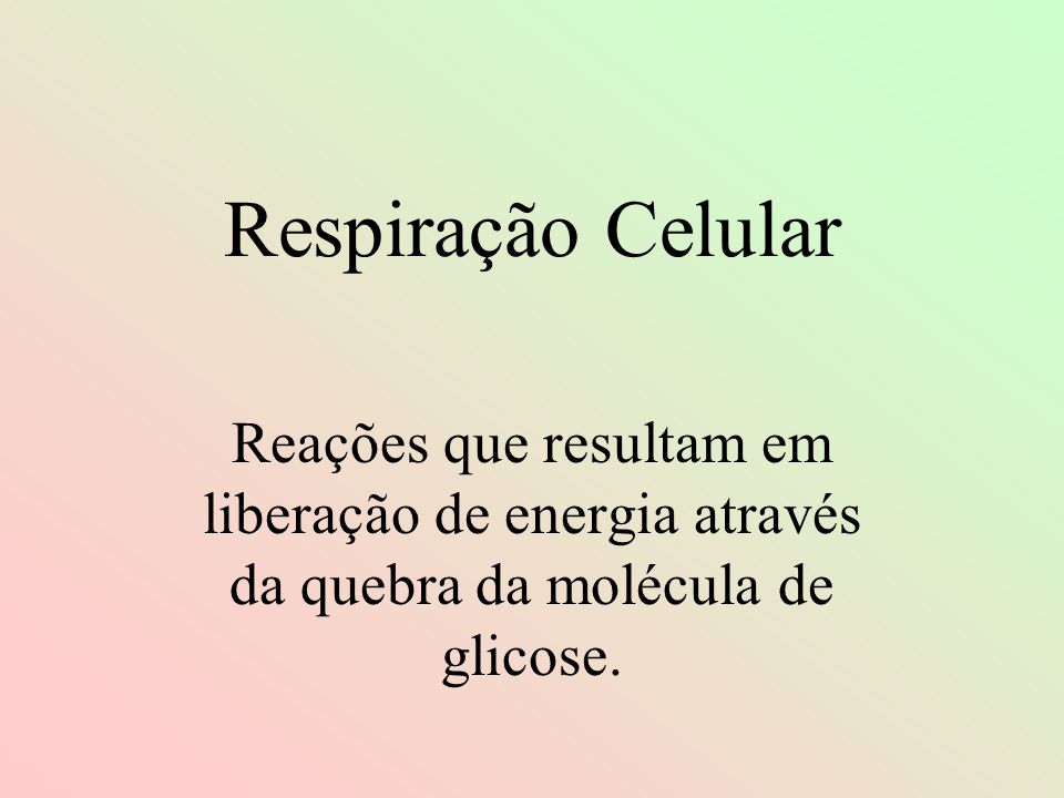 Respiração Celular Reações que resultam em liberação de energia através da quebra da molécula de glicose.