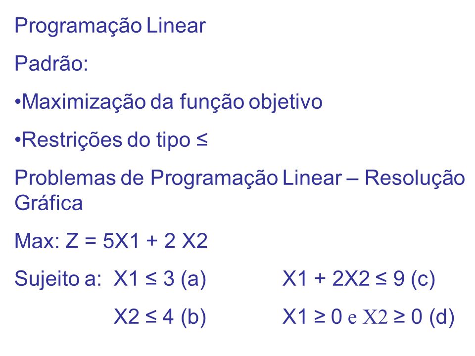 Programação Linear Padrão: Maximização da função objetivo. Restrições do tipo ≤ Problemas de Programação Linear – Resolução Gráfica.