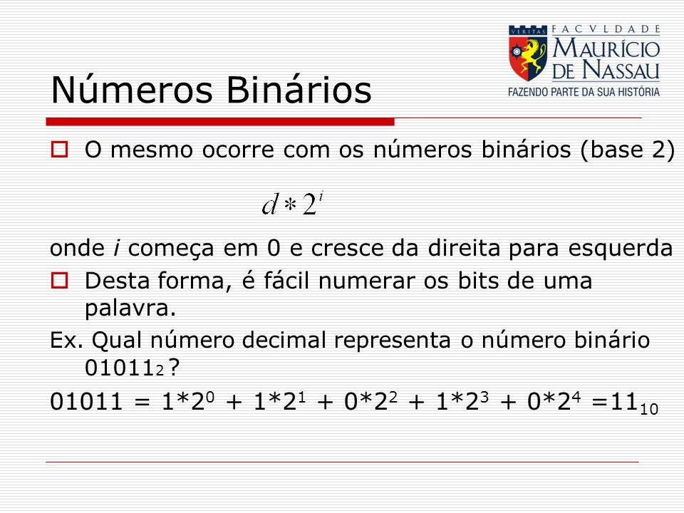 Números Binários = 1*20 + 1*21 + 0*22 + 1*23 + 0*24 =1110