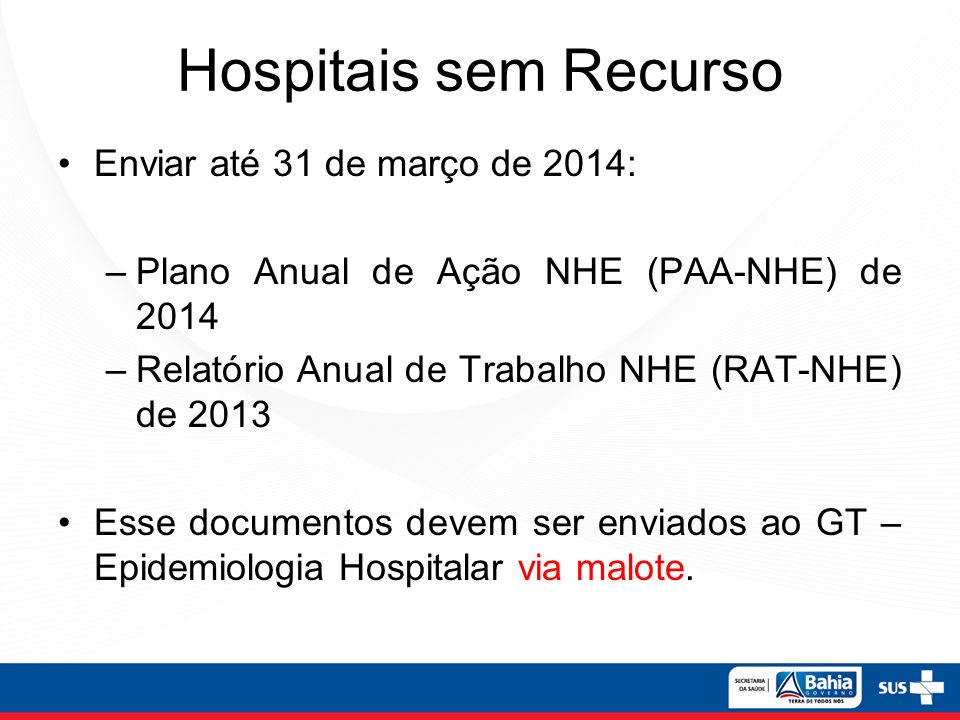 Hospitais sem Recurso Enviar até 31 de março de 2014: