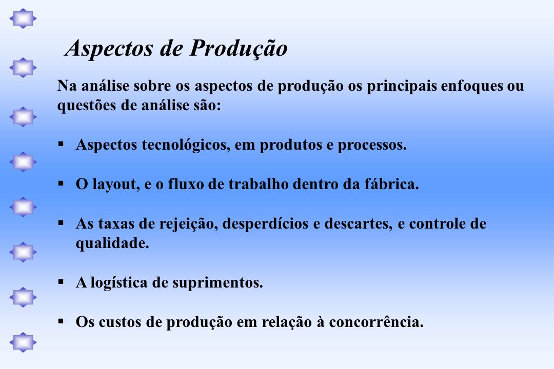 Aspectos de Produção Na análise sobre os aspectos de produção os principais enfoques ou. questões de análise são: