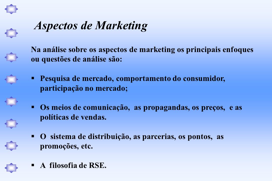 Aspectos de Marketing Na análise sobre os aspectos de marketing os principais enfoques. ou questões de análise são: