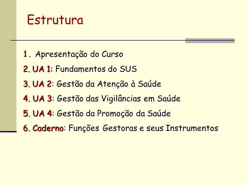 Estrutura 1. Apresentação do Curso UA 1: Fundamentos do SUS