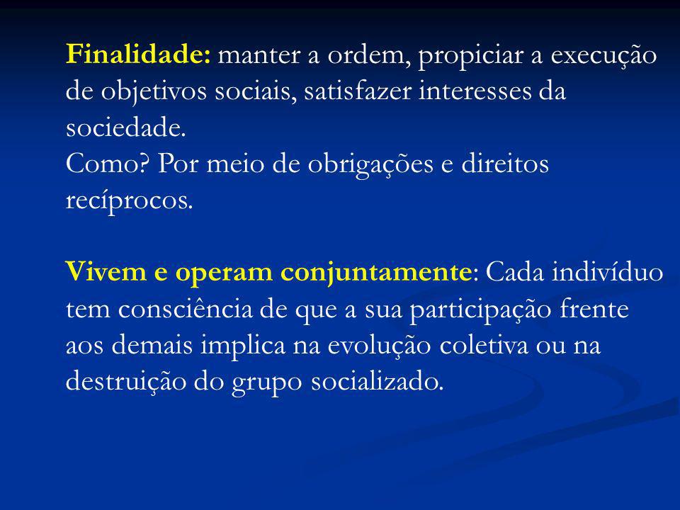 Finalidade: manter a ordem, propiciar a execução de objetivos sociais, satisfazer interesses da sociedade.