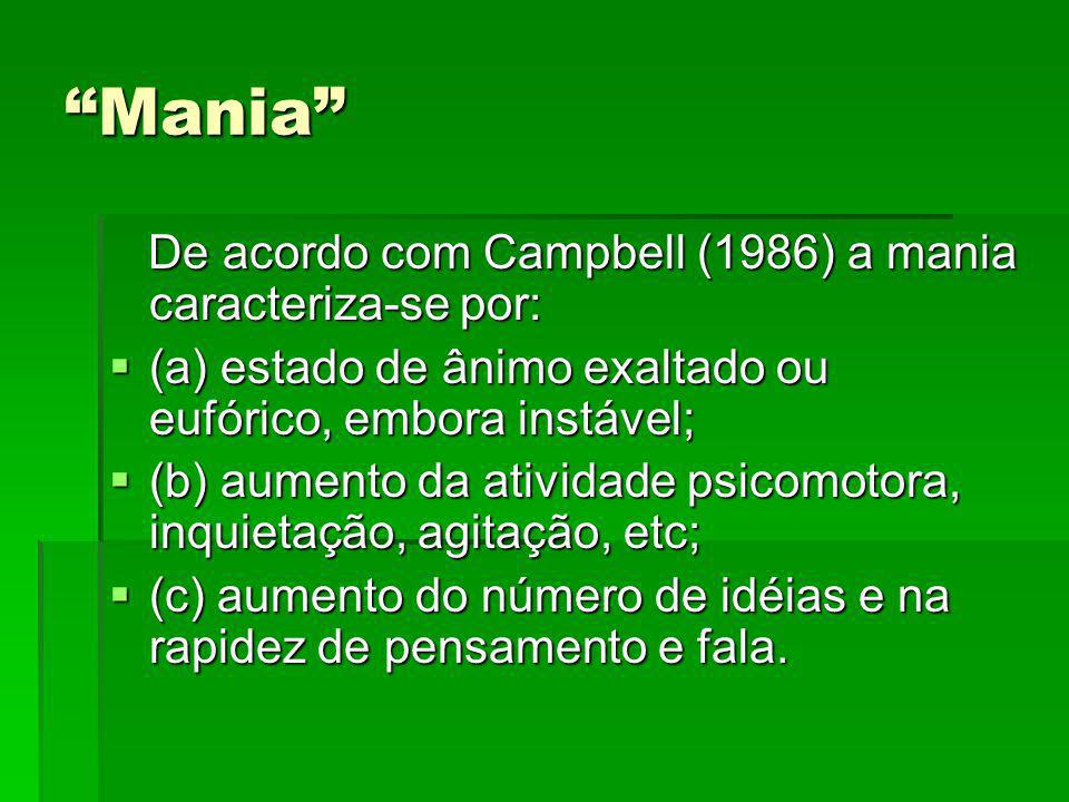 Mania De acordo com Campbell (1986) a mania caracteriza-se por: