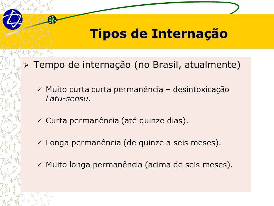 Tipos de Internação Tempo de internação (no Brasil, atualmente)