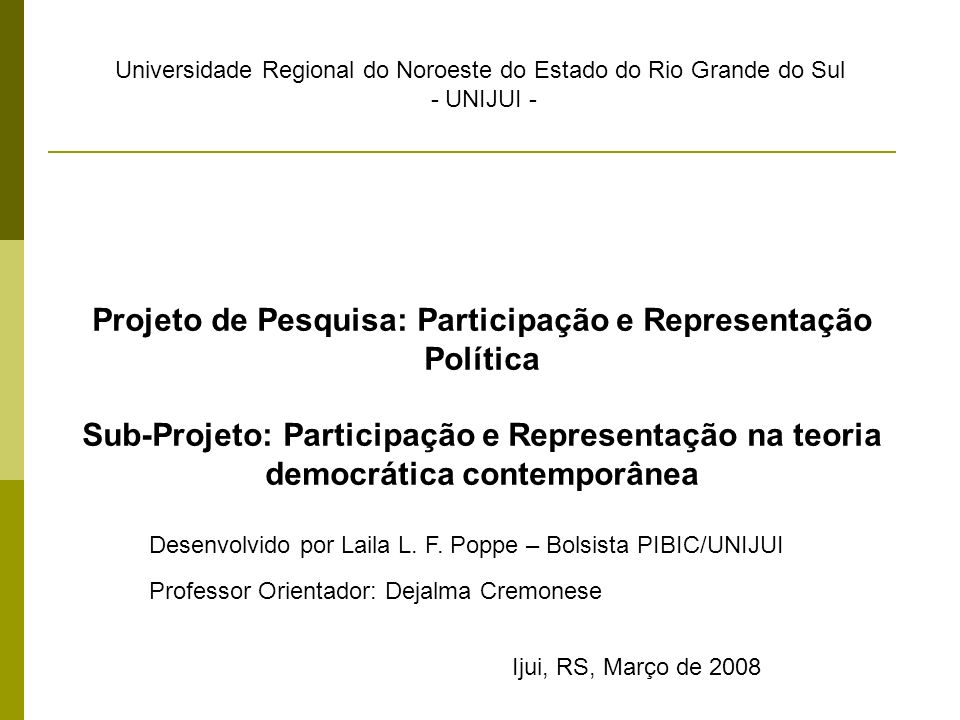 Projeto de Pesquisa: Participação e Representação Política