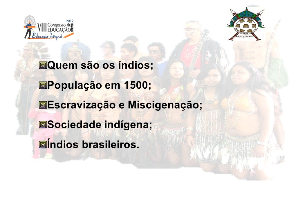 Quem são os índios; População em 1500; Escravização e Miscigenação; Sociedade indígena; Índios brasileiros.