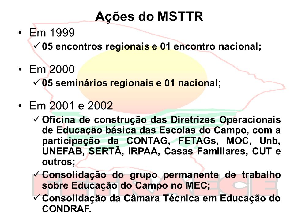 Ações do MSTTR Em encontros regionais e 01 encontro nacional; Em seminários regionais e 01 nacional;