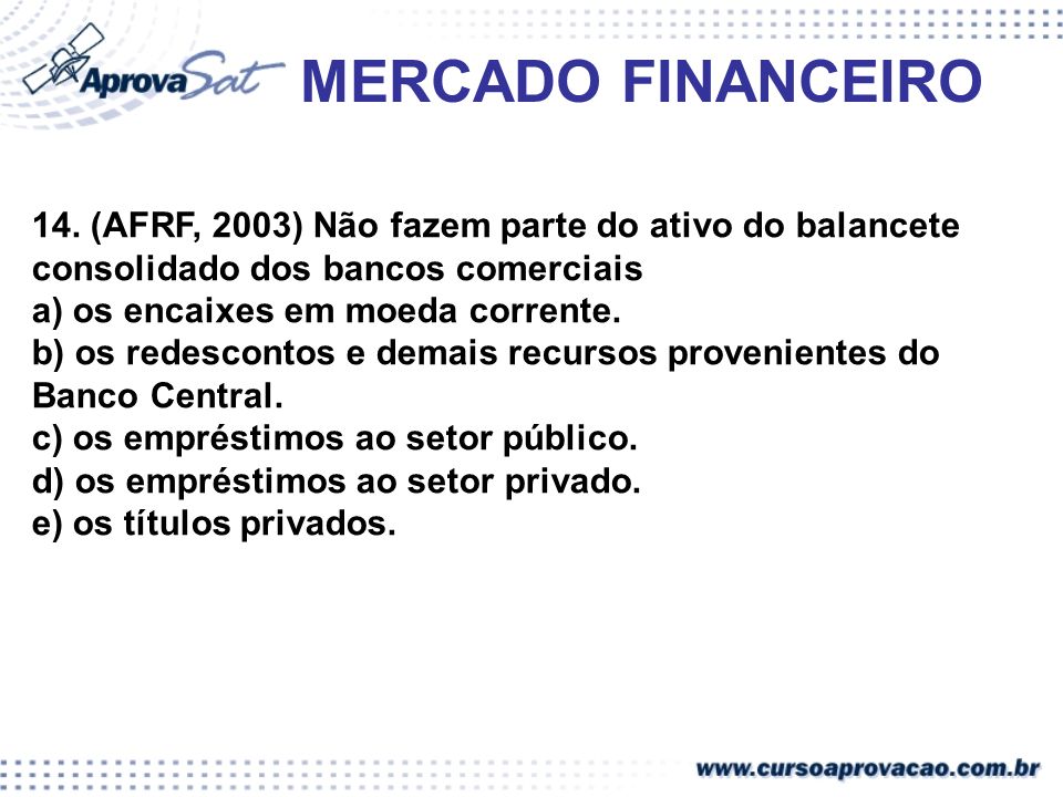 MERCADO FINANCEIRO 14. (AFRF, 2003) Não fazem parte do ativo do balancete consolidado dos bancos comerciais.