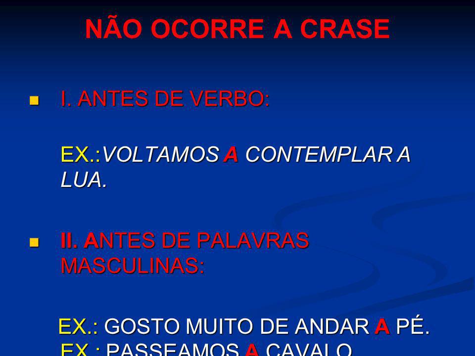 NÃO OCORRE A CRASE I. ANTES DE VERBO: EX.:VOLTAMOS A CONTEMPLAR A LUA.