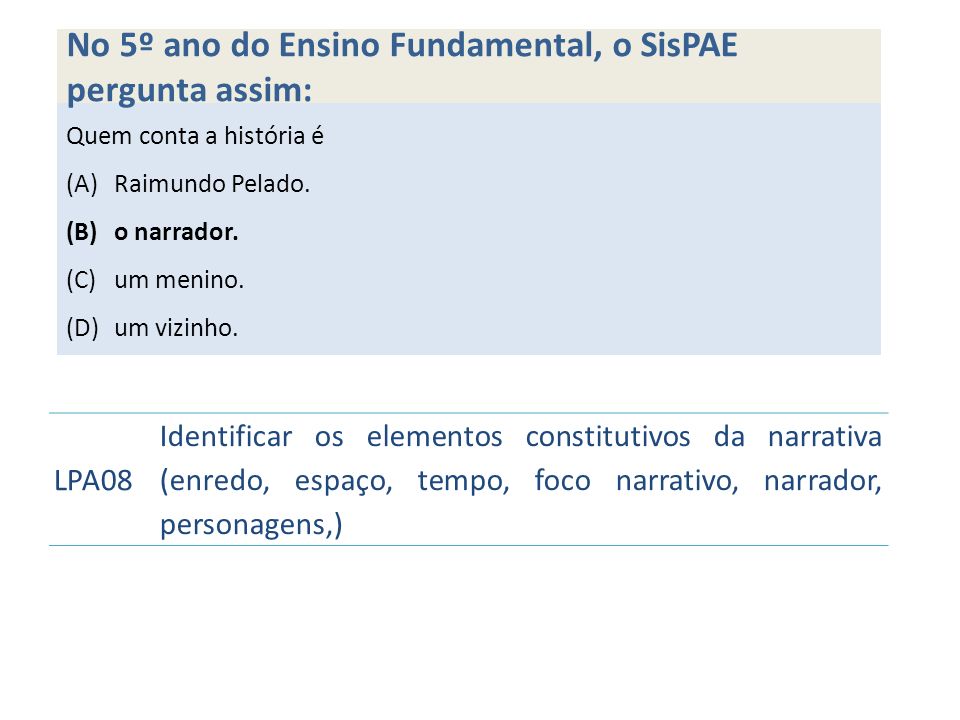 No 5º ano do Ensino Fundamental, o SisPAE pergunta assim: