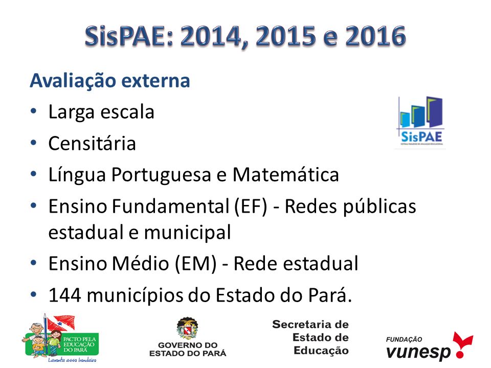 SisPAE: 2014, 2015 e 2016 Avaliação externa Larga escala Censitária