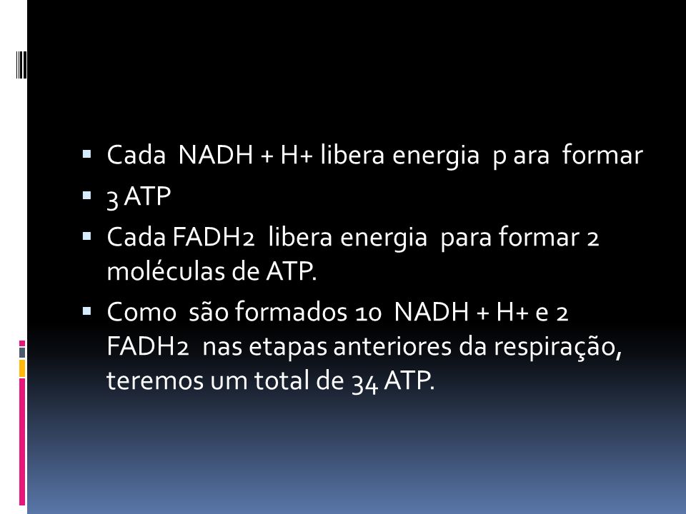 Cada NADH + H+ libera energia p ara formar