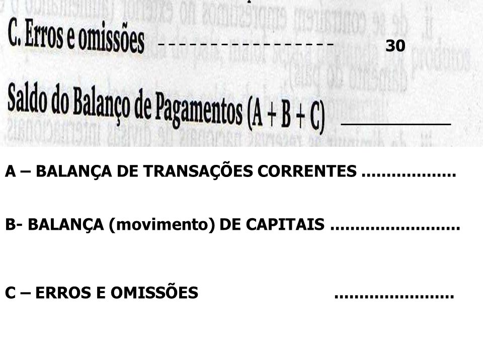30 A – BALANÇA DE TRANSAÇÕES CORRENTES B- BALANÇA (movimento) DE CAPITAIS