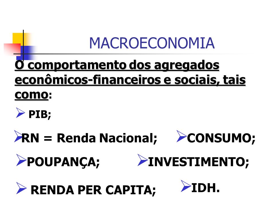 MACROECONOMIA O comportamento dos agregados econômicos-financeiros e sociais, tais como: PIB; RN = Renda Nacional;