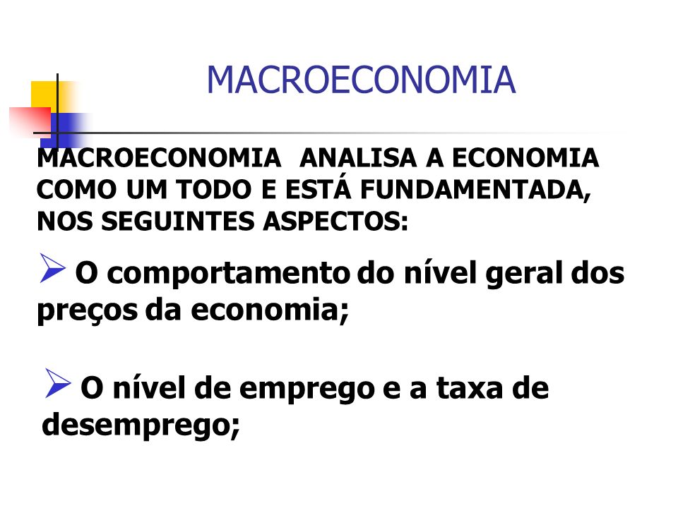 MACROECONOMIA O comportamento do nível geral dos preços da economia;