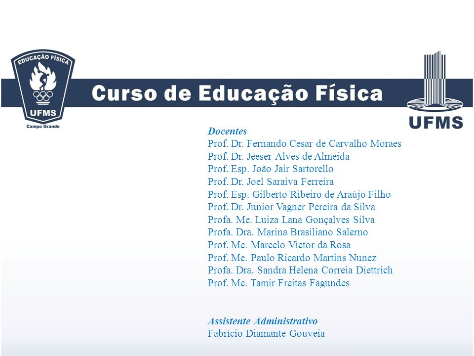 Docentes Prof. Dr. Fernando Cesar de Carvalho Moraes. Prof. Dr. Jeeser Alves de Almeida. Prof. Esp. João Jair Sartorello.