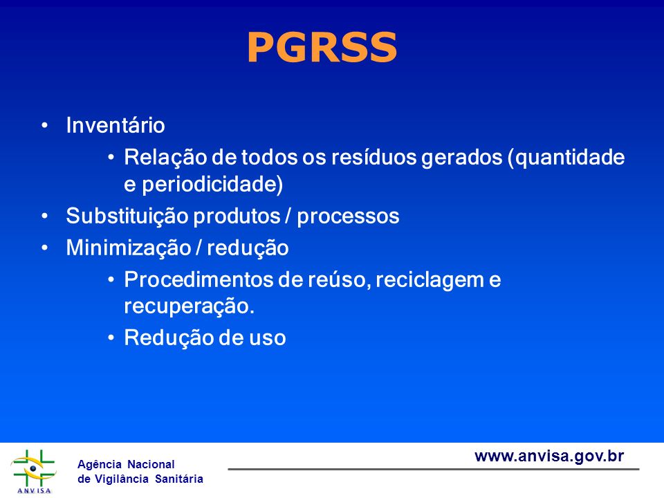 PGRSS Inventário. Relação de todos os resíduos gerados (quantidade e periodicidade) Substituição produtos / processos.