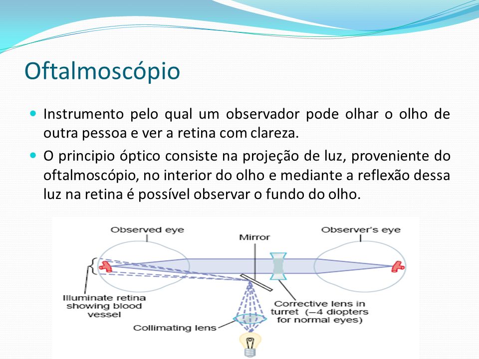 Oftalmoscópio Instrumento pelo qual um observador pode olhar o olho de outra pessoa e ver a retina com clareza.