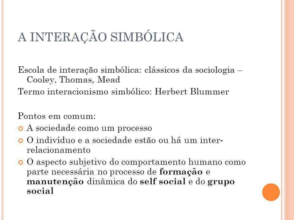 A INTERAÇÃO SIMBÓLICA Escola de interação simbólica: clássicos da sociologia – Cooley, Thomas, Mead.