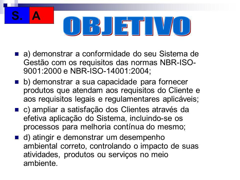 S. A. OBJETIVO. a) demonstrar a conformidade do seu Sistema de Gestão com os requisitos das normas NBR-ISO-9001:2000 e NBR-ISO-14001:2004;