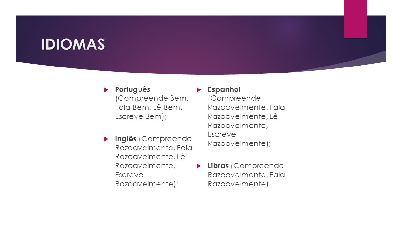 IDIOMAS Português (Compreende Bem, Fala Bem, Lê Bem, Escreve Bem);