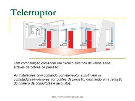 Telerruptor Tem como função comandar um circuito eléctrico de vários sítios, através de botões de pressão. As instalações com comando por telerruptor substituem.