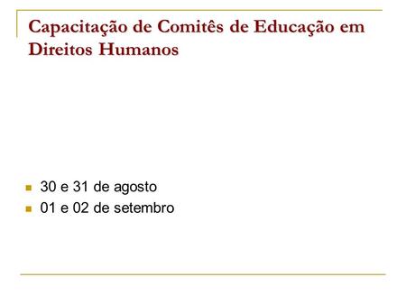 Capacitação de Comitês de Educação em Direitos Humanos 30 e 31 de agosto 01 e 02 de setembro.