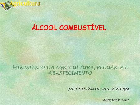 ÁLCOOL COMBUSTÍVEL MINISTÉRIO DA AGRICULTURA, PECUÁRIA E ABASTECIMENTO JOSÉ NILTON DE SOUZA VIEIRA AGOSTO DE 2002.