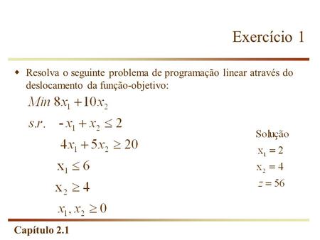Exercício 1 Resolva o seguinte problema de programação linear através do deslocamento da função-objetivo: