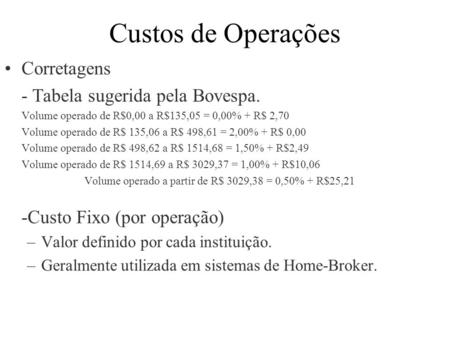 Custos de Operações Corretagens - Tabela sugerida pela Bovespa.