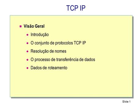 TCP IP Visão Geral Introdução O conjunto de protocolos TCP IP