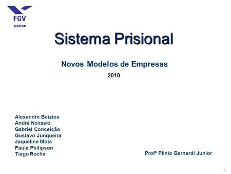 1 Sistema Prisional Novos Modelos de Empresas 2010 Alexandre Betzios André Novaski Gabriel Conceição Gustavo Junqueira Jaqueline Mota Paula Philipson Tiago.