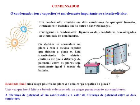 CONDENSADOR O condensador (ou o capacitor) é um elemento importante no circuito elétrico. Um condensador consiste em dois condutores de qualquer formato,