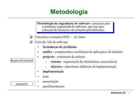 Metodologia Metodologia de engenharia de software - processo para a produção organizada de software, que usa uma colecção de técnicas e de notações pré-definidas.
