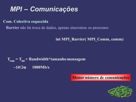 MPI – Comunicações Com. Colectiva esquecida Barrier não há troca de dados, apenas sincroniza os processos int MPI_Barrier( MPI_Comm, comm) T com = T lat.