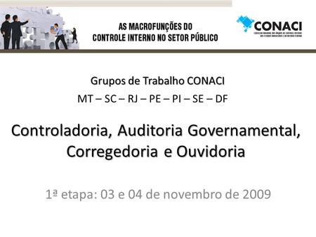 Controladoria, Auditoria Governamental, Corregedoria e Ouvidoria 1ª etapa: 03 e 04 de novembro de 2009 MT – SC – RJ – PE – PI – SE – DF Grupos de Trabalho.
