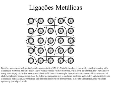 Ligações Metálicas Bond between atoms with similar low electronegativities (ΔX ~0). Metallic bonding is essentially covalent bonding with delocalized electrons.