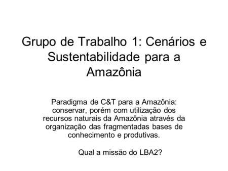 Grupo de Trabalho 1: Cenários e Sustentabilidade para a Amazônia