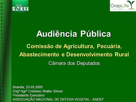 Comissão de Agricultura, Pecuária, Abastecimento e Desenvolvimento Rural Câmara dos Deputados Audiência Pública Brasília, 23.03.2005 Engº Agrº Cristiano.