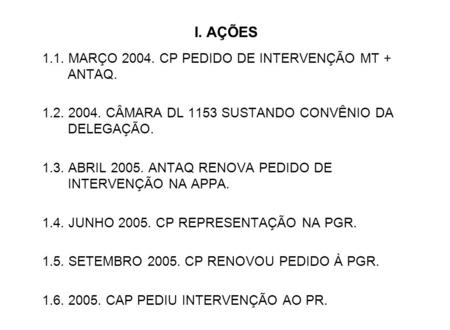 I. AÇÕES 1.1. MARÇO 2004. CP PEDIDO DE INTERVENÇÃO MT + ANTAQ. 1.2. 2004. CÂMARA DL 1153 SUSTANDO CONVÊNIO DA DELEGAÇÃO. 1.3. ABRIL 2005. ANTAQ RENOVA.